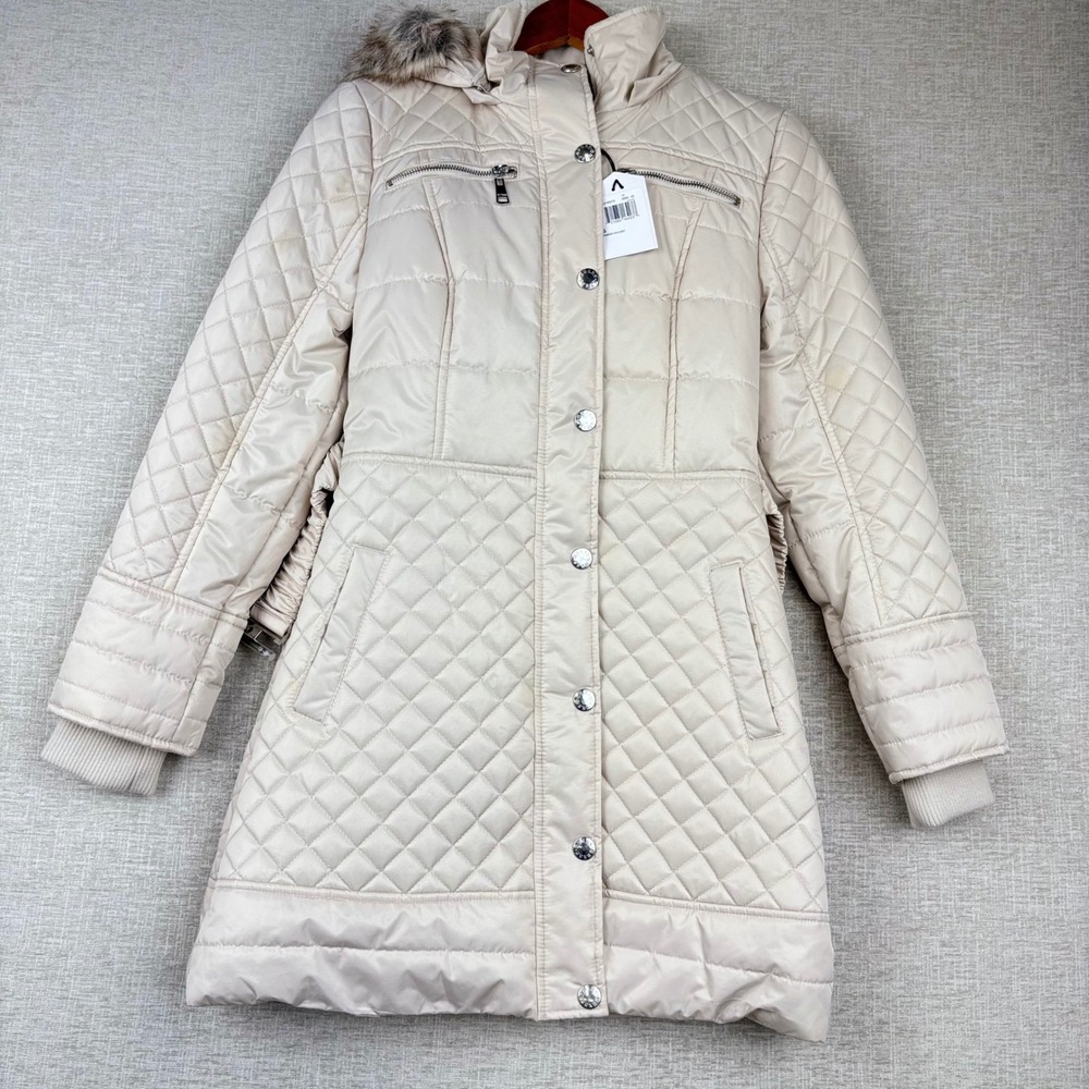 Guess Size Small Diamond Gold Dust Quilted Puffer Jacket Faux Fur Hood Beige